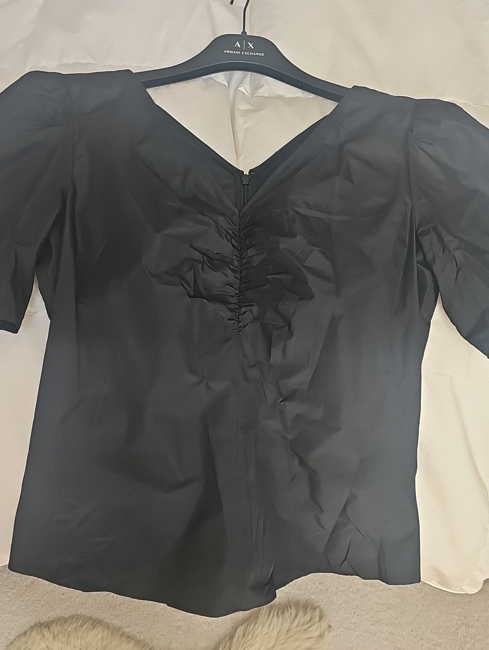 Armani Exchange Black V-Neck Ruched Front Puff Sleeve Blouse